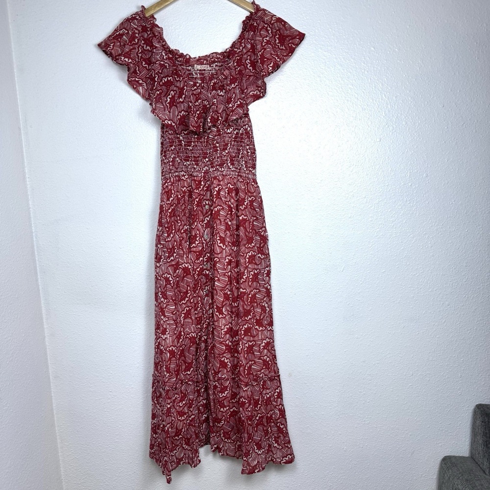 Banjanan Off The Shoulder Red Floral Dress Women's Small Cotton Smocked READ